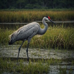 Fototapeta premium Elegant Sandhill Crane in Natural Habitat.A pair of storks standing side by side in a grassy meadow, with a soft mist rolling in. Elegant Sandhill Crane in Natural Habitat