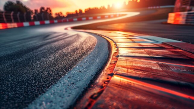 The sun sets over a winding racetrack, illuminating the wet asphalt. Soft light creates vibrant reflections along the curving track, enhancing the serene atmosphere.