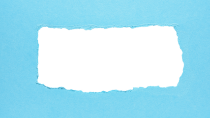 Blue torn paper or cardboard message backdrop frame with rough edges and blank copy space for text in the middle, png template on transparent background design element
