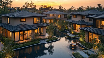 Fototapeta premium Luxury Waterfront Homes at Sunset