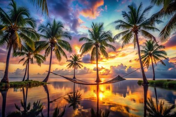 Obraz premium Serene Sunset: Double Exposure Hammock & Palm Trees Over Tropical Ocean