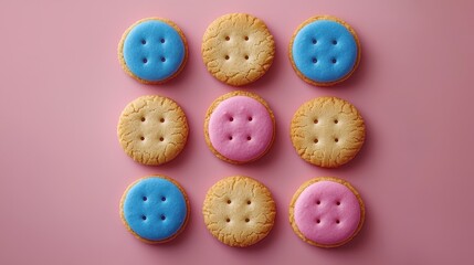 Obraz premium A colorful arrangement of round cookies resembling buttons, set against a pink background, creating a playful and appetizing visual.