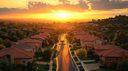 Obraz premium Golden Hour Serenity: Aerial View of Upscale Suburban Neighborhood at Sunset