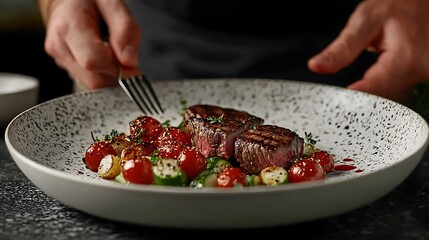 A chef plating up an exquisite meal of meat vegetables