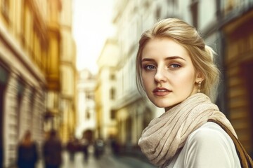 Fototapeta premium Young woman with a stylish scarf walking in a vibrant city street