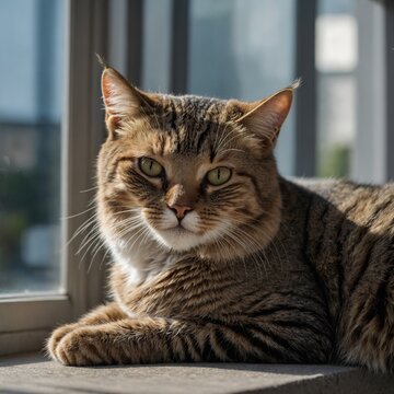 A cat lounging on a cozy windowsill with a view of the portrait of young tomcat International Cat Day Um gato tigrado deitado ao lado de uma janela, olhando para fora.