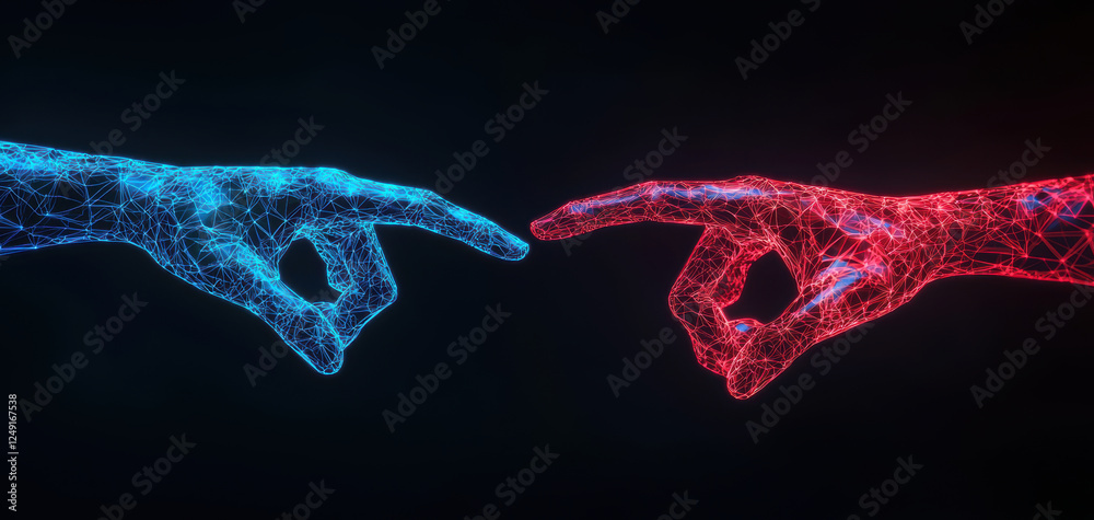 Aufkleber Glowing hands in blue and red reaching out to each other, symbolizing connection and unity in digital world. abstract design evokes sense of wonder and creativity