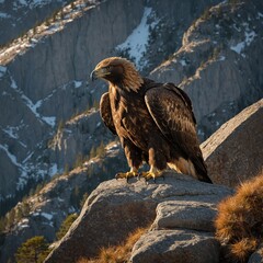Fototapeta premium Eagle. A golden eagle perched on a jagged peak with storm clouds gathering in the distance. a bald eagle perched on a rock in the mountains. A golden eagle perched on a rocky outcrop overlooking a 