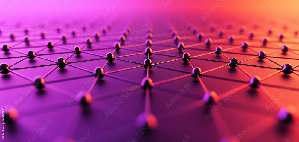 Poster vibrant network of interconnected nodes forms geometric pattern, showcasing blend of purple and orange hues. This abstract design symbolizes connectivity and technology