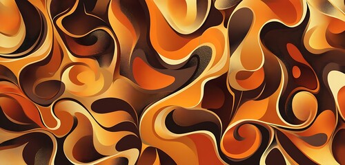 A vibrant animal print design with swirling organic shapes in shades of orange brown and gold