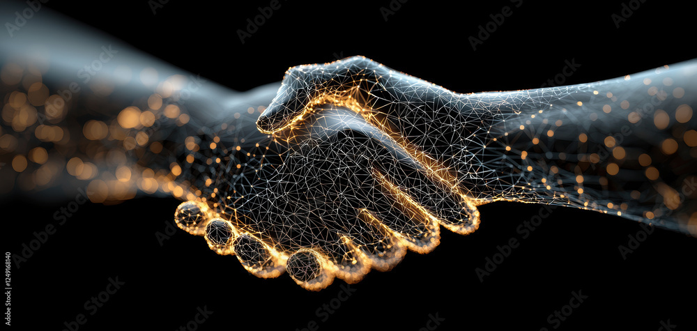 Poster futuristic handshake symbolizing trust and collaboration with glowing connections. this represents p