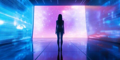 A solitary figure stands at the edge of a vibrant digital universe. The luminous colors create a futuristic atmosphere. This image symbolizes exploration and technology. AI