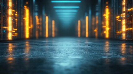 A futuristic data center corridor is illuminated by vibrant orange lights, creating a high-tech ambiance, Ideal for technology-related projects, marketing materials