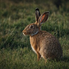 Fototapeta premium Portrait of a rabbit Hare Hidden in Green Field. Bunny in Field Detailed Portrait of a Rabbit on a Lawn Snow Bunny at Rest