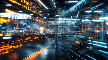 Visual representation of dynamic technology and data analysis in a futuristic workspace