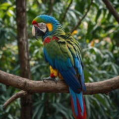 Obraz premium A high-quality stock image of a colorful macaw perched on a branch on a white isolated background. The image highlights the beauty of tropical birds. 