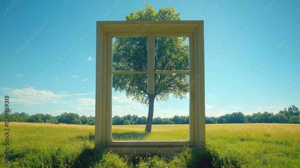 Aufkleber A lush green tree viewed through a window frame in a vibrant field under a sunny sky.