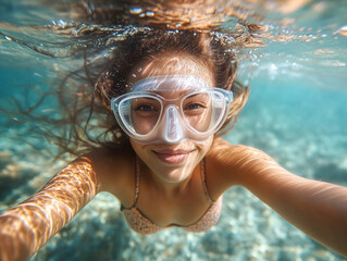 Naklejka premium A picturesque vacation dive scene of a diver in the sea