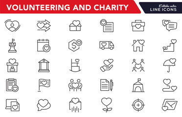 Volunteering and Charity line icon set. Donate, donor, doctor, care, help, support, partnership, charity, care, help, empathy, food line icon set. UI thin line icon pack.