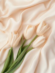 A close-up of four cream-colored tulips with green stems resting on soft beige silk fabric, creating a serene and elegant composition.
