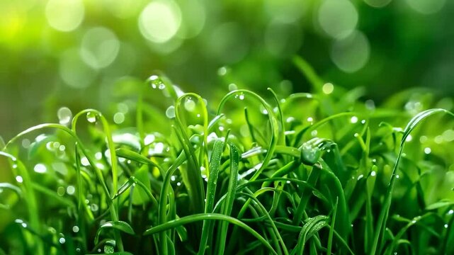 Dewcovered grass blades glistening in morning sunlight with bokeh background