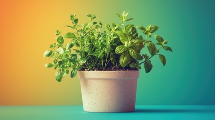 Fototapeta premium A vibrant pot of fresh herbs with lush green leaves, set against a colorful gradient background.