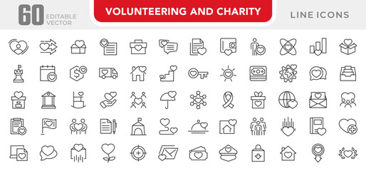 Volunteering and Charity line icon set. Donate, donor, doctor, care, help, support, partnership, charity, care, help, empathy, food line icon set. UI thin line icon pack.