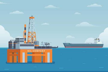 Obraz premium Offshore Oil Rig & Tanker Ship Vector Illustration. Flat Style and Fully Editable , Ideal for Infographics & Designs