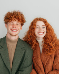 A happy young red-haired man and woman smiling while wearing fashionable coats against a neutral background, conveying warmth and joy.
