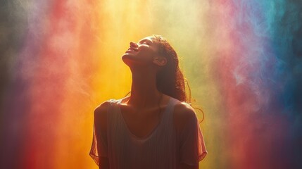 Woman in Silhouette with Colorful Smoke Background and Joyful Expression