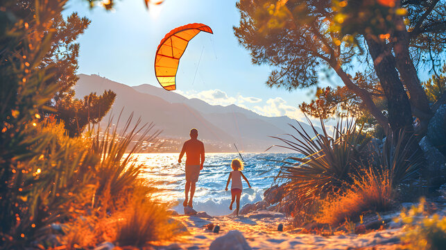 Father and daughter walking on beach at sunset watching kitesurfing