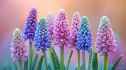 Pastel Muscari flowers bloom in garden, spring background, nature photography, greeting card