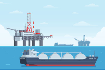 Offshore Oil Rig & Tanker Ship Vector Illustration. Flat Style and Fully Editable , Ideal for Infographics & Designs
