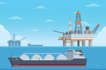 Offshore Oil Rig & Tanker Ship Vector Illustration. Flat Style and Fully Editable , Ideal for Infographics & Designs