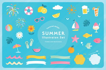夏や海のテクスチャ感のあるイラストとフレームセット　あしらい　飾り　装飾　リボン　夏休み　水彩風　波