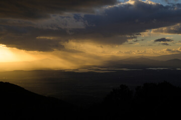 Sunrise in the mountains with a cloudy sky in the lands of Granadilla in horizontal