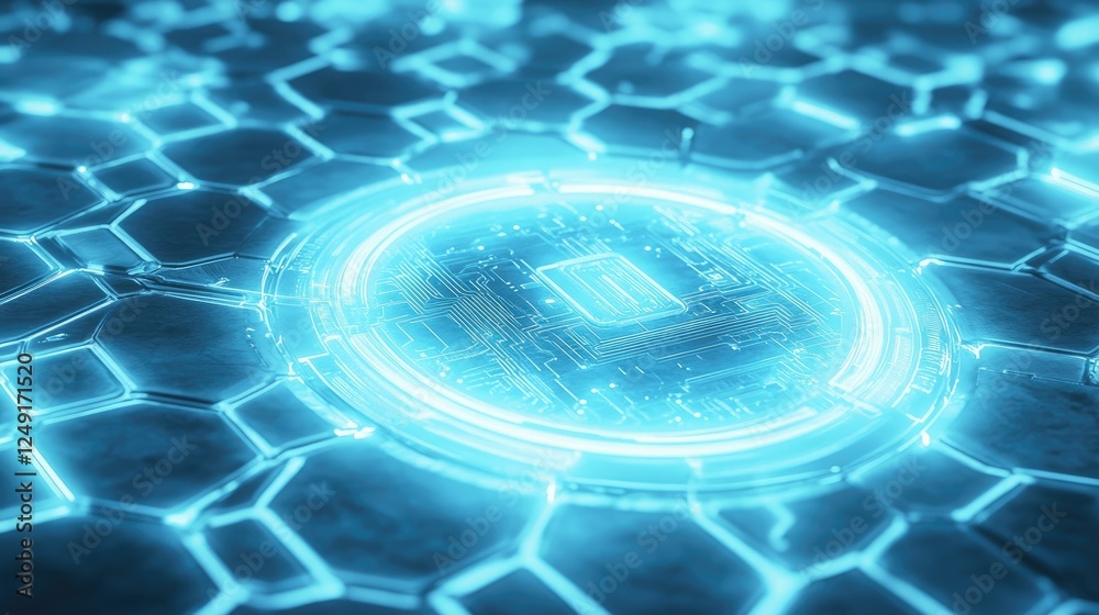 Aufkleber digital security concept with a glowing blue lock and circuit patterns over a white hexagonal grid.