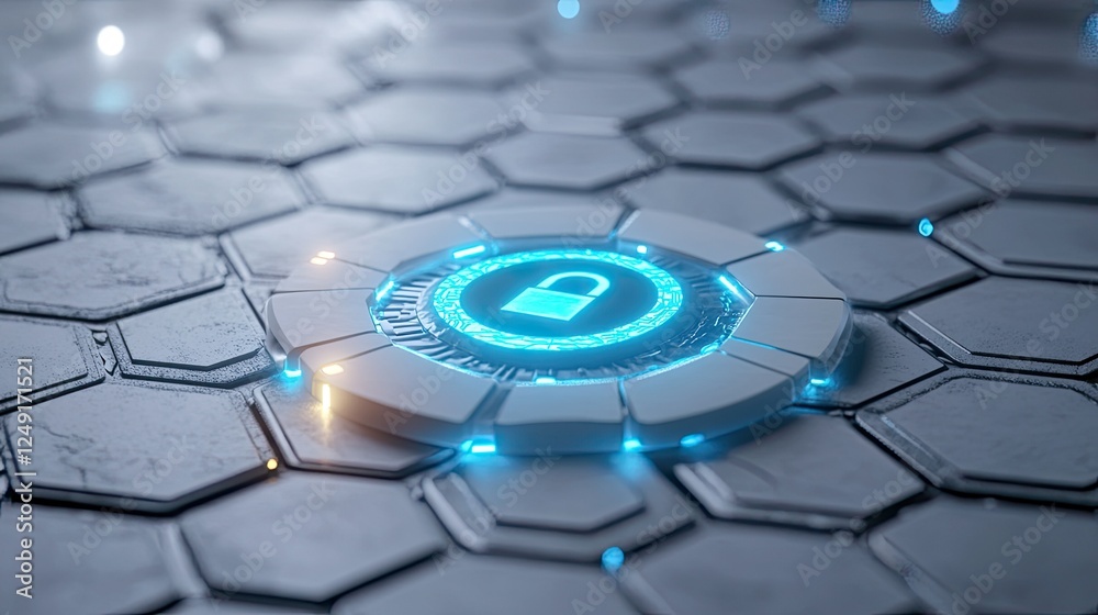 Poster digital security concept with a glowing blue lock and circuit patterns over a white hexagonal grid.