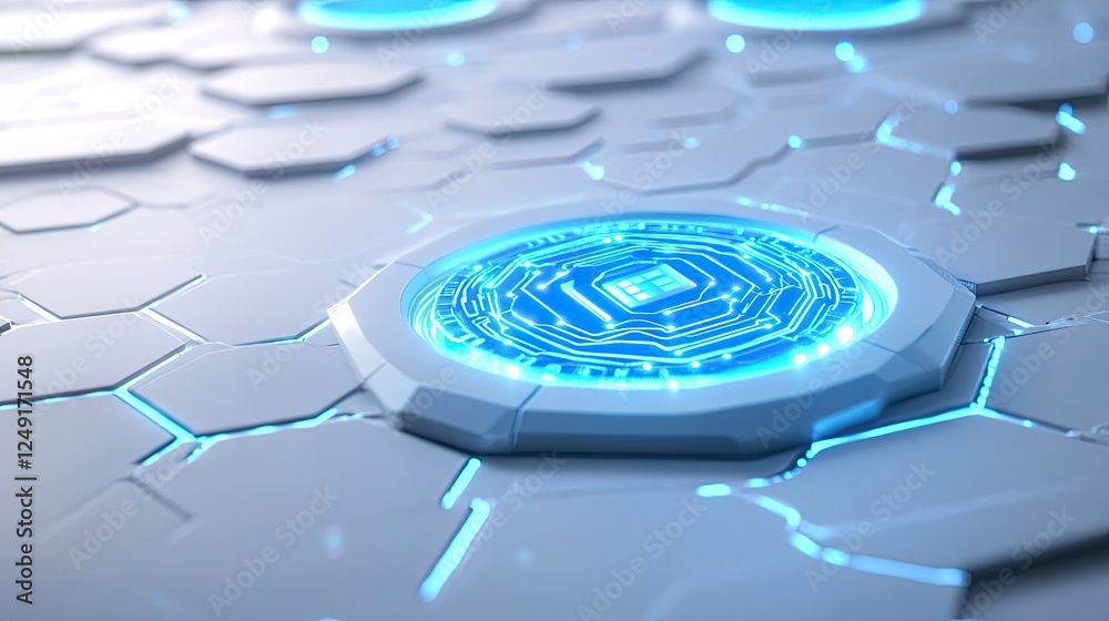 Poster digital security concept with a glowing blue lock and circuit patterns over a white hexagonal grid.