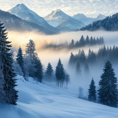 Snowy winter landscape with fog and fog in the mountains. Fairy Christmas landscape with fog in the mountains.