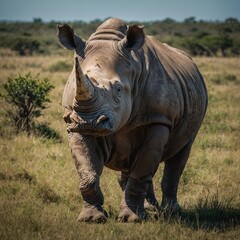 Fototapeta premium rhino in the wild Landscape of a large, long-horned rhino in the savanna Breitmaulnashorn / Square-lipped rhinoceros / Ceratotherium simum