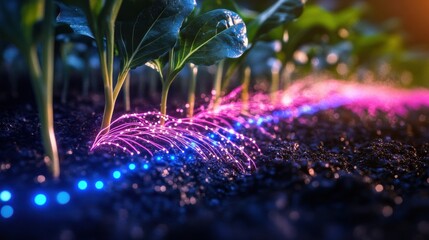 AI-assisted microbial farming with nutrient-rich soil regeneration, glowing bio-enhanced roots, digital analytics overlay tracking microbial activity