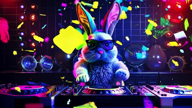 A rabbit wearing sunglasses standing in front of a dj mixer
