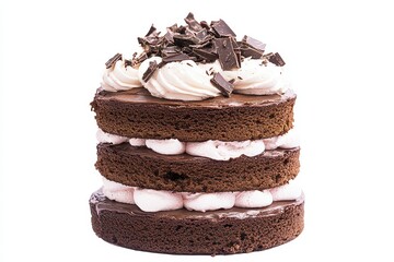 A decadent chocolate cake layered with cream and topped with chocolate shavings.