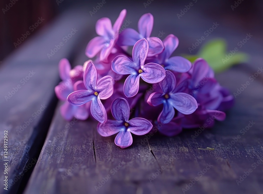 Wall mural Lilac flowers on a wooden background with copy space for text. Greeting card or banner design. Spring concept. 