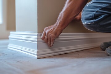 Worker installing wooden flooring indoors with precision