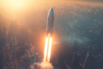 Fototapeta premium Space rocket launching with bright fiery flames and smoke