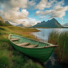 A green boat on the grassy shore of an island in Iceland