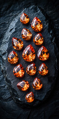 Vivid spessartine garnet gems radiating fiery brilliance on dark textured stone