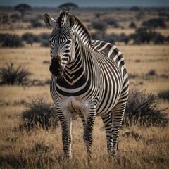 Naklejka premium A zebra grazing in a sunlit savanna, under a dazzling white sky.Majestic and beautiful zebra in the African savannah, wildlife, wild animal. A zebra stands gracefully in a golden grassland, illum 